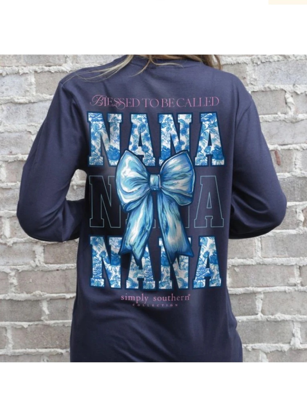 Simply Southern Navy Blue with Blue Floral Blessed Nana Bow Long Sleeved TShirt - Picture 1 of 4